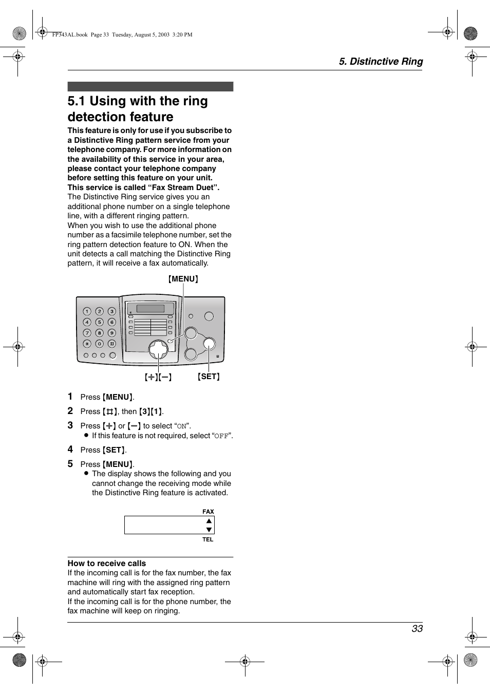 Distinctive ring, 1 using with the ring detection feature, Using with the ring detection feature | 1 using with the ring detection feature, Distinctive ring 33 | Panasonic KX-FP343AL User Manual | Page 35 / 58