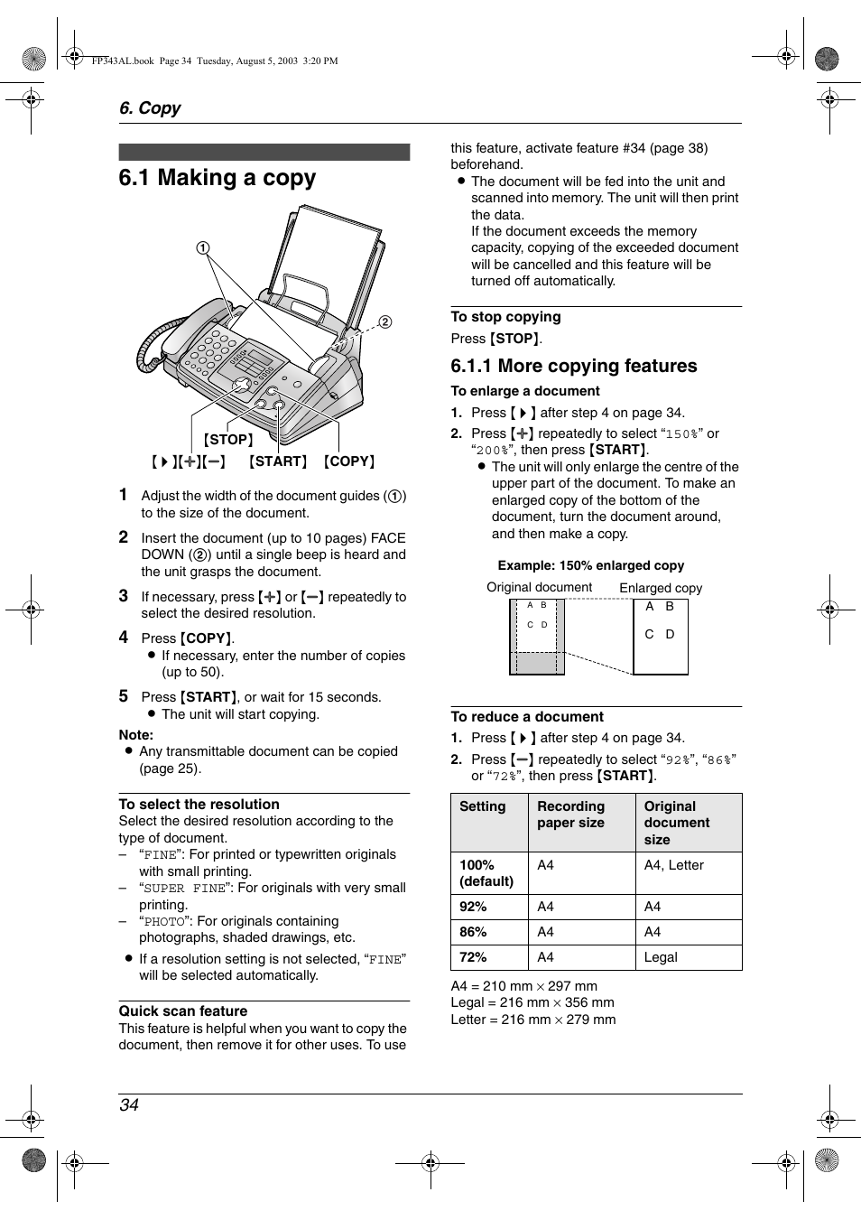 Copy, Copying, 1 making a copy | Making a copy, 1 making a copy, 1 more copying features, Copy 34 | Panasonic KX-FP343AL User Manual | Page 36 / 58