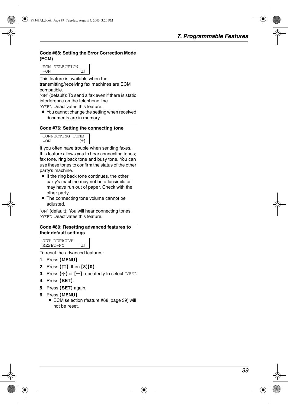 Programmable features 39 | Panasonic KX-FP343AL User Manual | Page 41 / 58