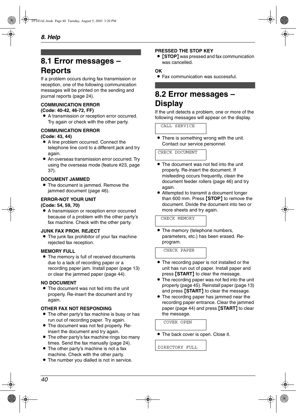 Help, Error messages, 1 error messages – reports | 2 error messages – display, Error messages – reports, Error messages – display, 1 error messages – reports, 2 error messages – display, Help 40 | Panasonic KX-FP343AL User Manual | Page 42 / 58