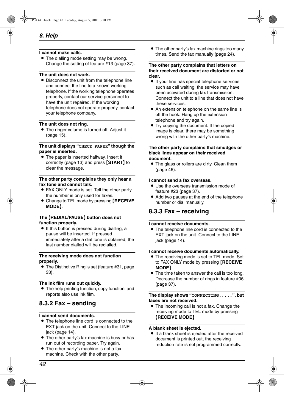 2 fax – sending, 3 fax – receiving, Help 42 | Panasonic KX-FP343AL User Manual | Page 44 / 58