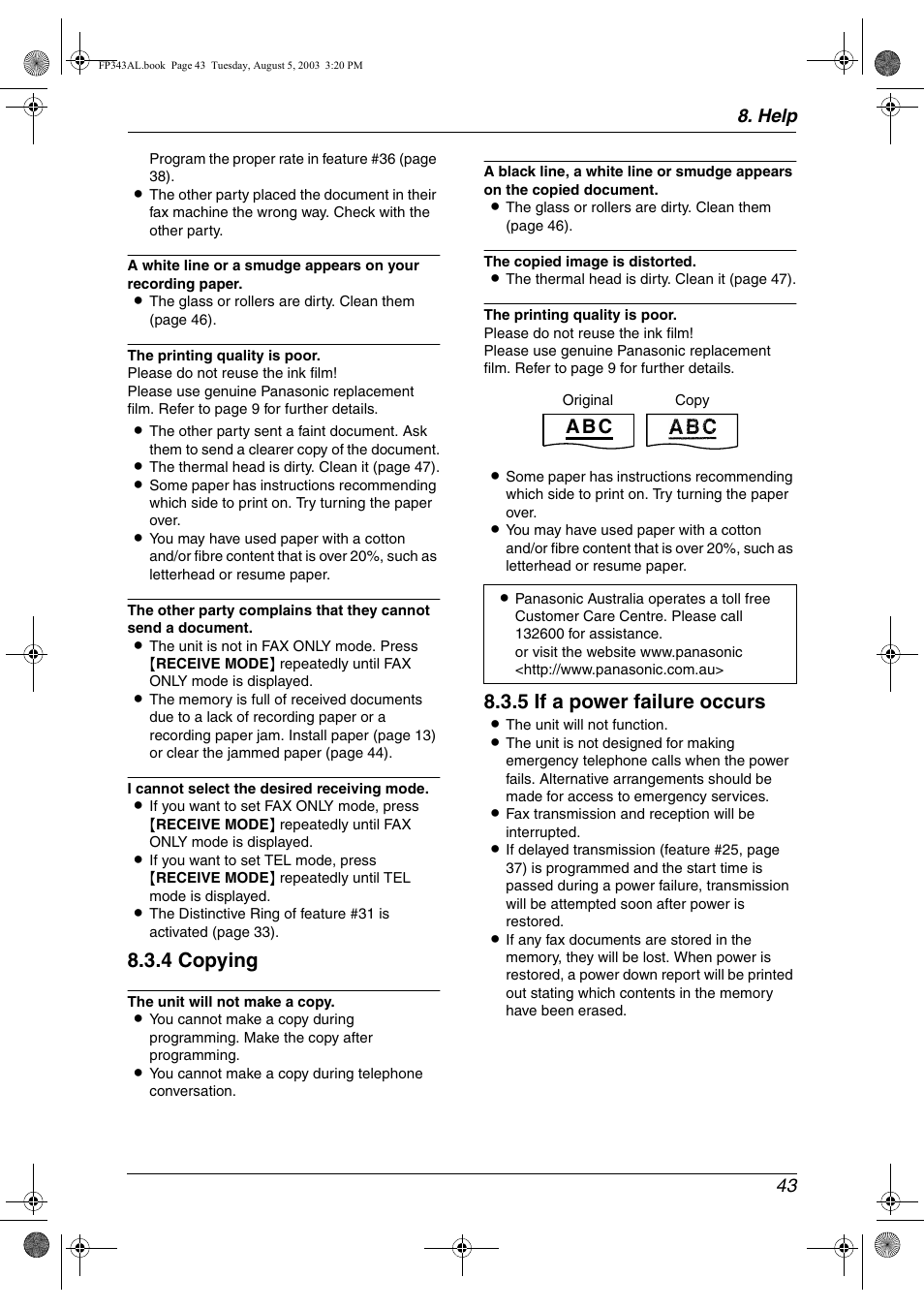 4 copying, 5 if a power failure occurs, A b c | Help 43 | Panasonic KX-FP343AL User Manual | Page 45 / 58