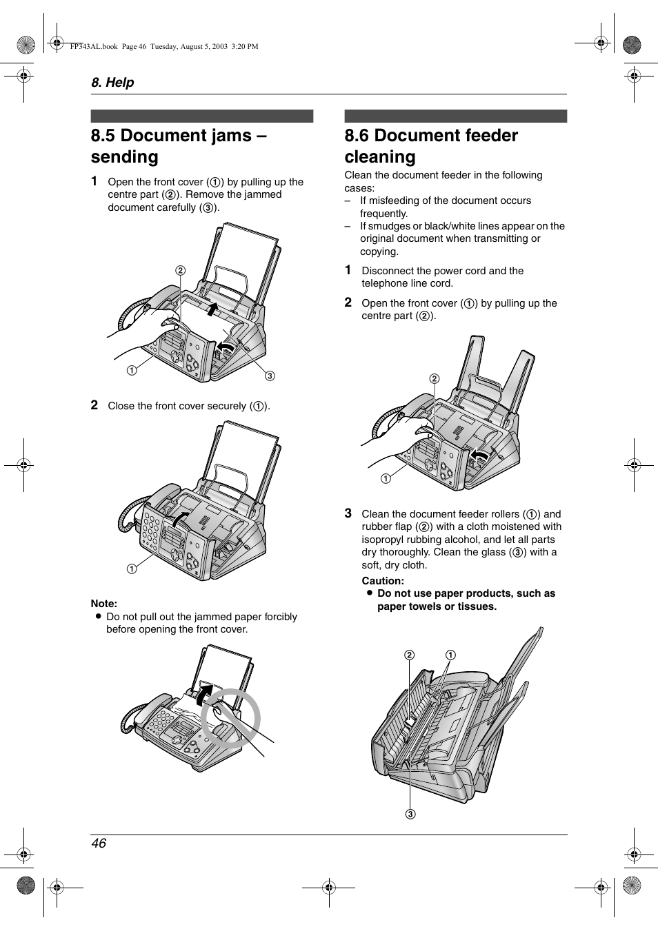 5 document jams – sending, Cleaning, 6 document feeder cleaning | Document jams – sending, Document feeder cleaning, 5 document jams – sending, 6 document feeder cleaning | Panasonic KX-FP343AL User Manual | Page 48 / 58