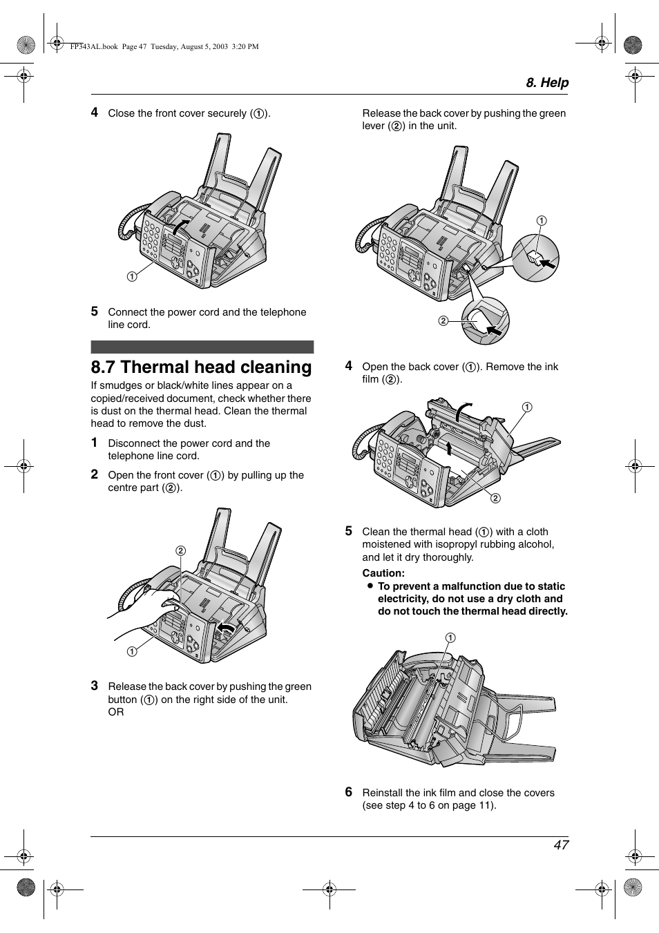 7 thermal head cleaning, Thermal head cleaning, 7 thermal head cleaning | Panasonic KX-FP343AL User Manual | Page 49 / 58