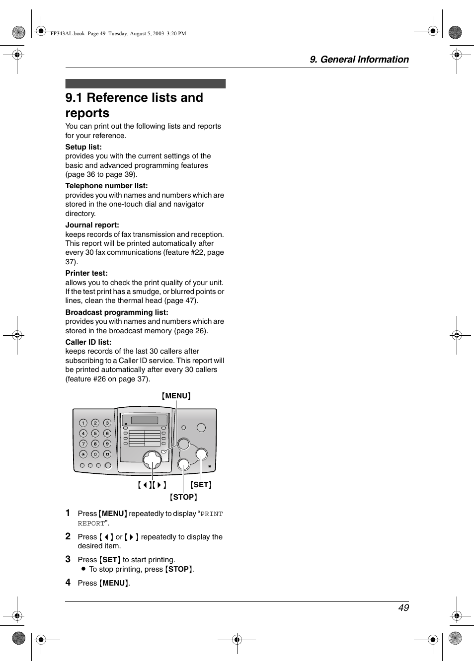 General information, Printed reports, 1 reference lists and reports | Specifications, Reference lists and reports, 1 reference lists and reports, General information 49 | Panasonic KX-FP343AL User Manual | Page 51 / 58