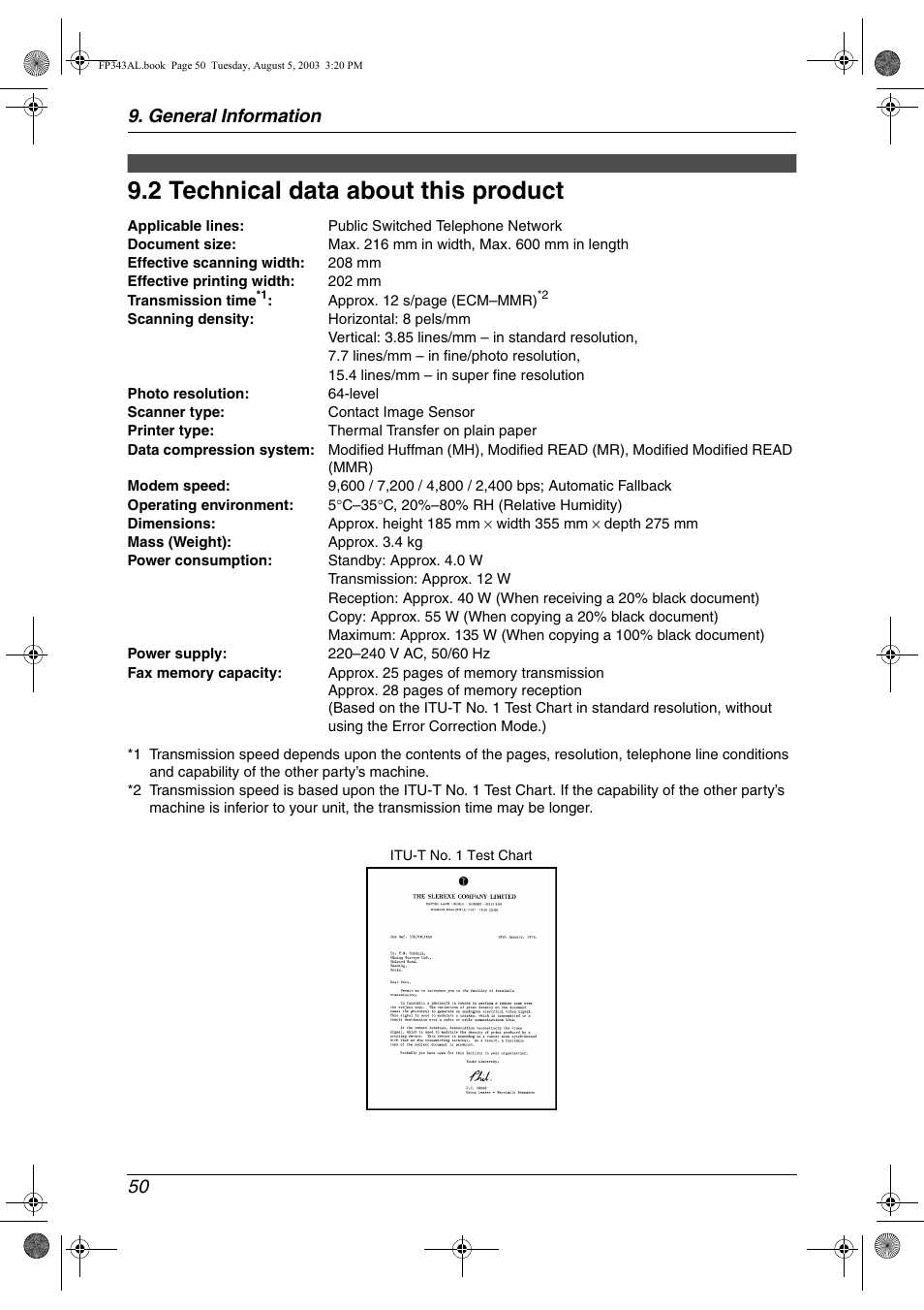 2 technical data about this product, Technical data about this product, 2 technical data about this product | General information 50 | Panasonic KX-FP343AL User Manual | Page 52 / 58