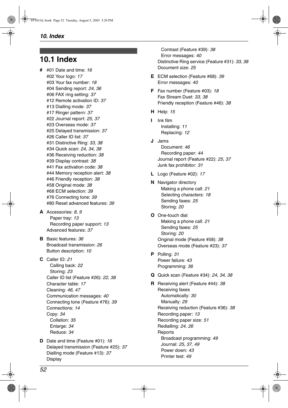 Index, 1 index, Index 52 | Panasonic KX-FP343AL User Manual | Page 54 / 58