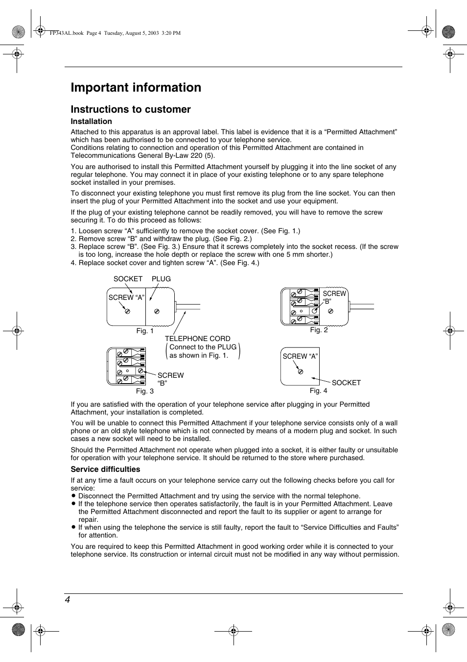 Important information, Instructions to customer | Panasonic KX-FP343AL User Manual | Page 6 / 58