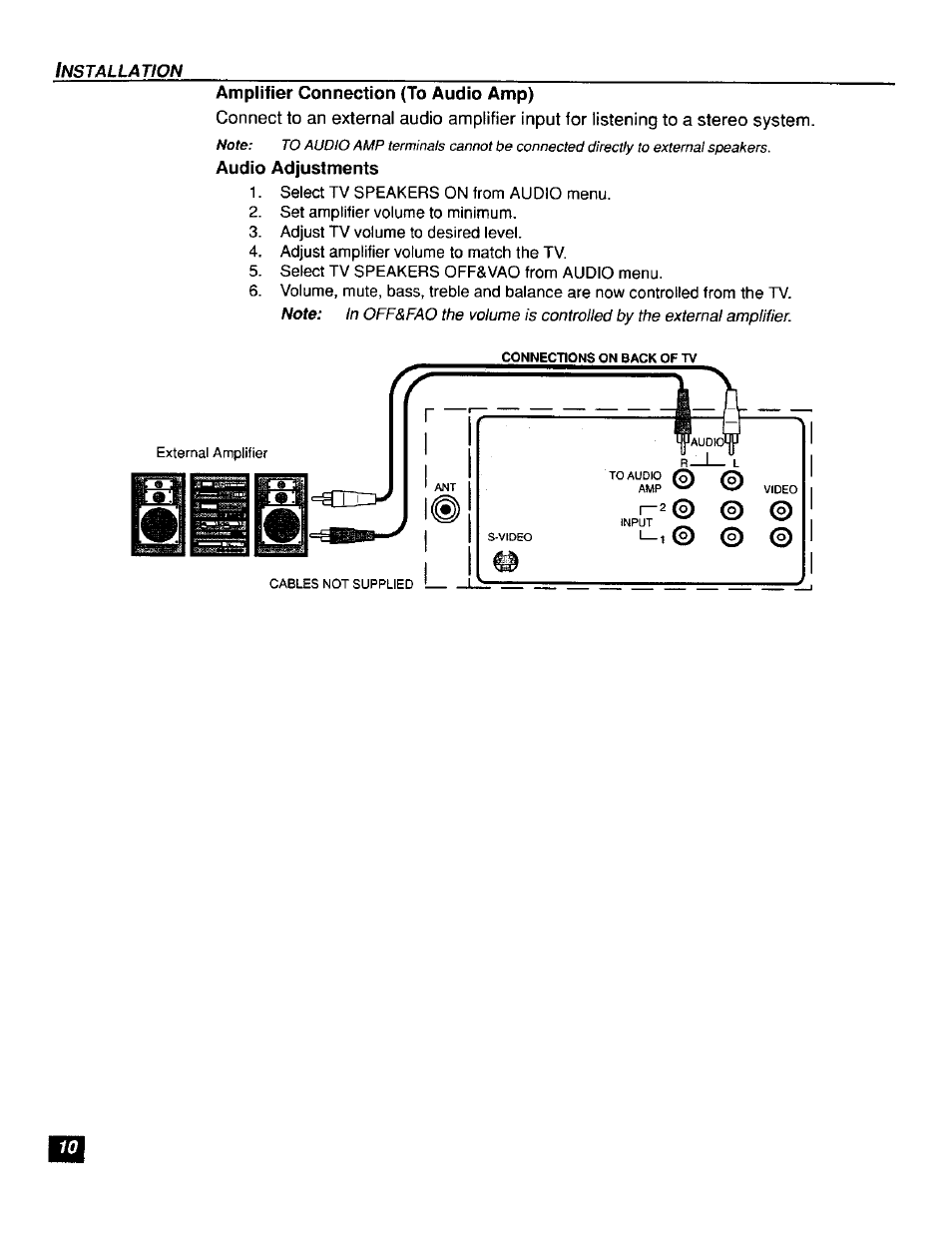 Amplifier connection (to audio amp), Audio adjustments, Amplifier connection {to audio amp) | Panasonic CT-F2111X  ES User Manual | Page 11 / 19