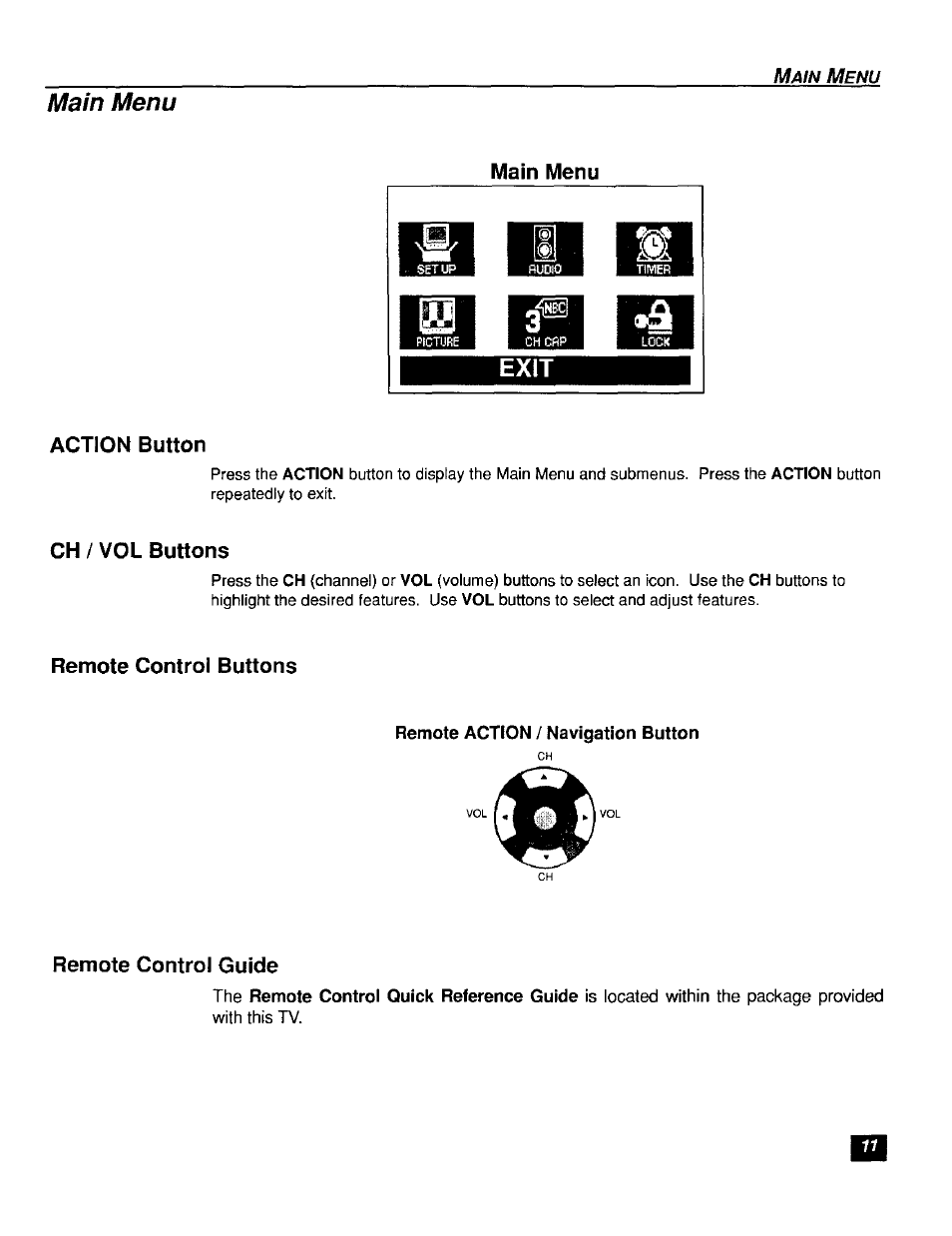 Remote action / navigation button, Main menu, Main menu action button | Ch / vol buttons, Remote control buttons, Remote control guide | Panasonic CT-F2111X  ES User Manual | Page 12 / 19