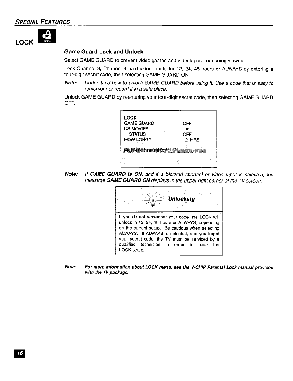 Game guard lock and unlock, Lock | Panasonic CT-F2111X  ES User Manual | Page 17 / 19