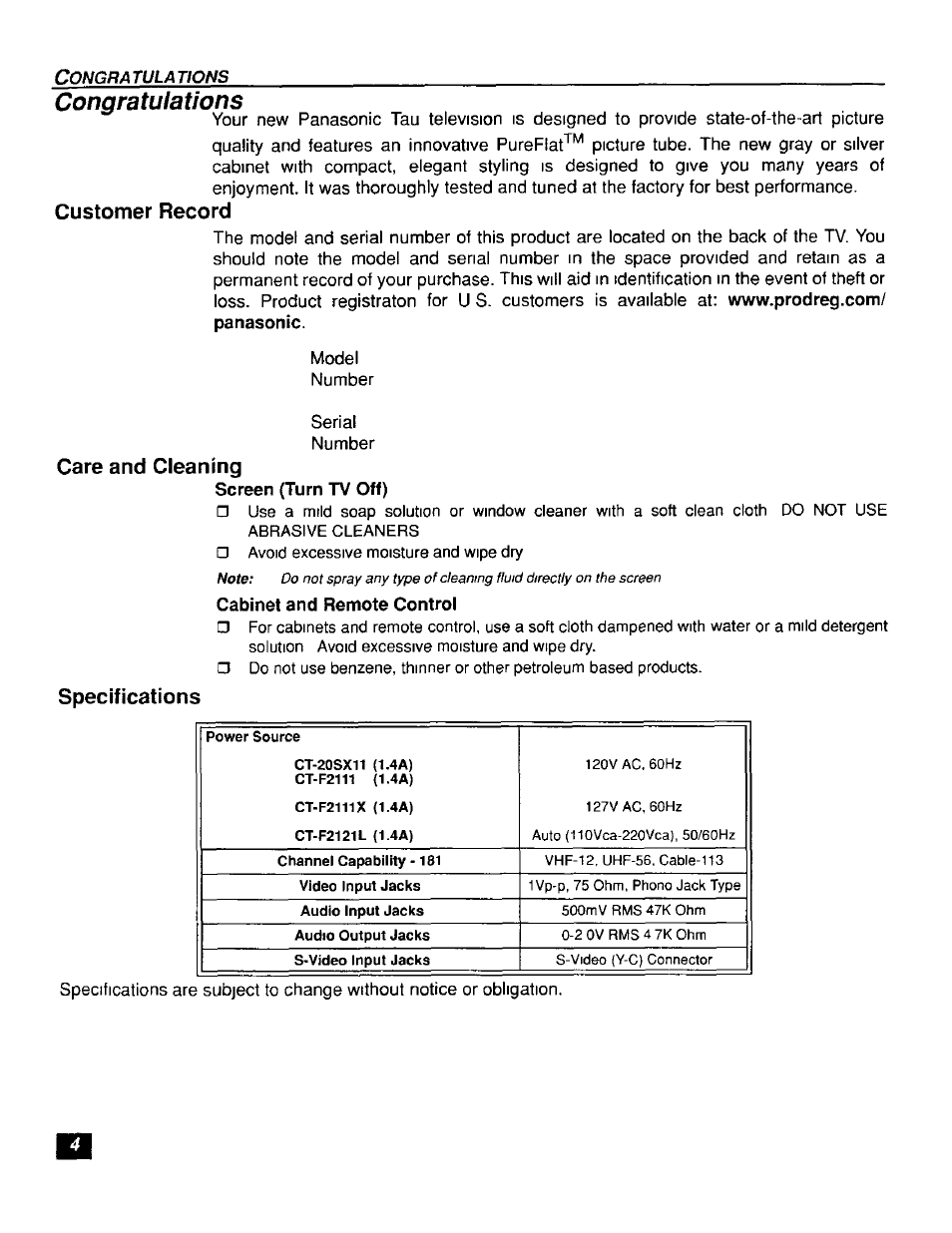 Customer record, Care and cleaning, Specifications | Panasonic CT-F2111X  ES User Manual | Page 5 / 19