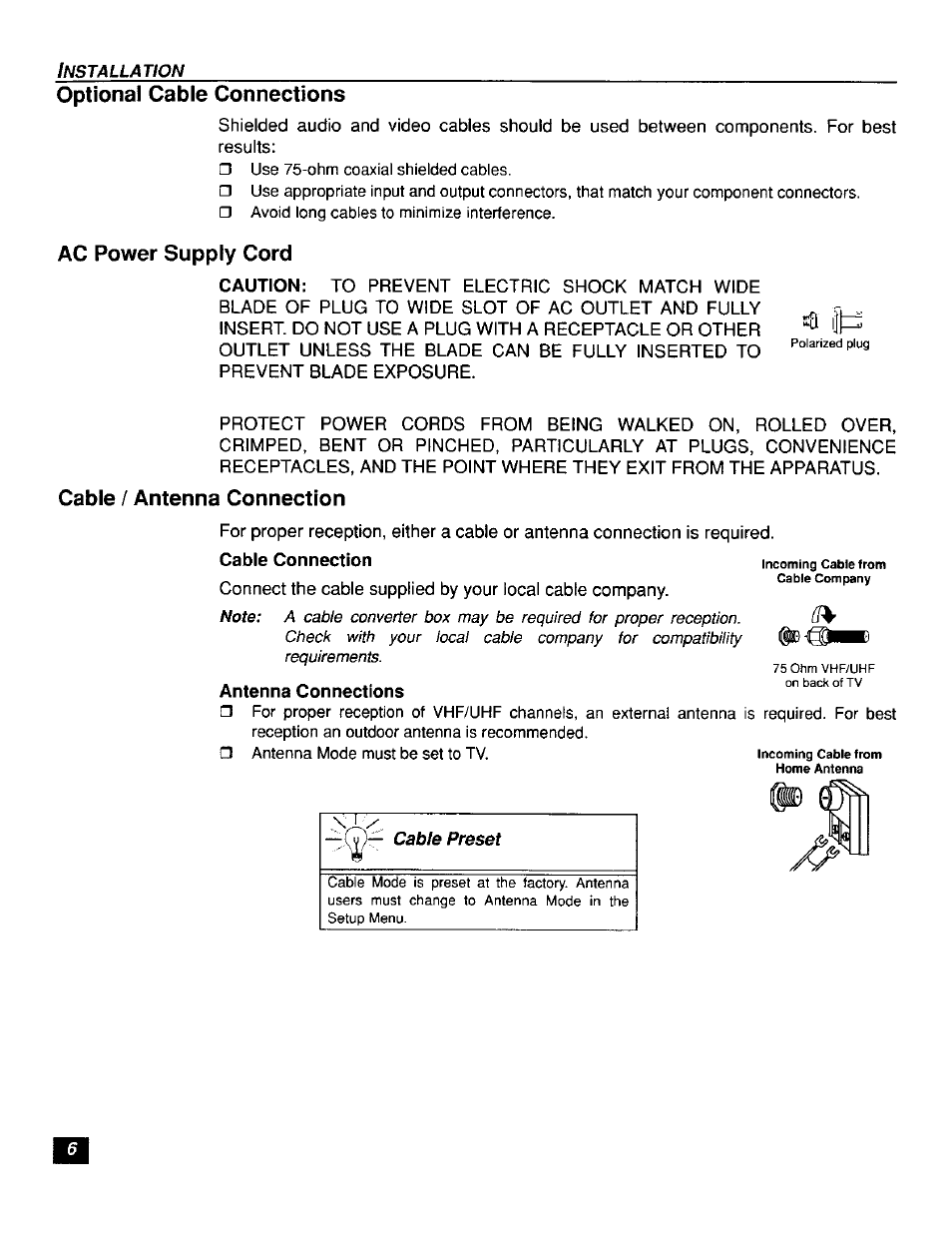 Antenna connections, Cable / antenna connection, Optional cable connections | Ac power supply cord | Panasonic CT-F2111X  ES User Manual | Page 7 / 19