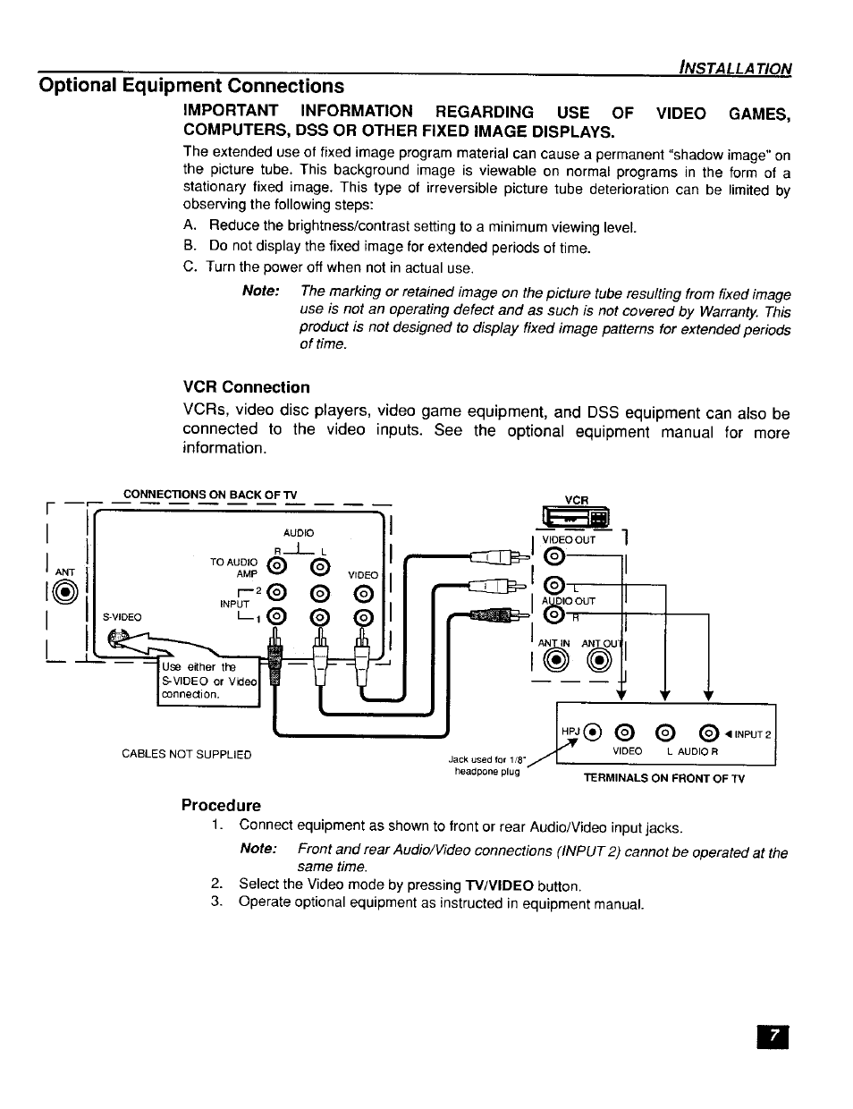 Vcr connection, Procedure, Optional equipment connections | Panasonic CT-F2111X  ES User Manual | Page 8 / 19