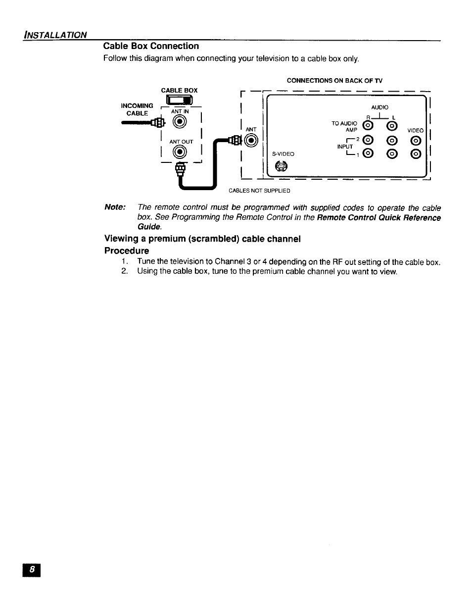 Cable box connection, Vcr and cable box connection | Panasonic CT-F2111X  ES User Manual | Page 9 / 19