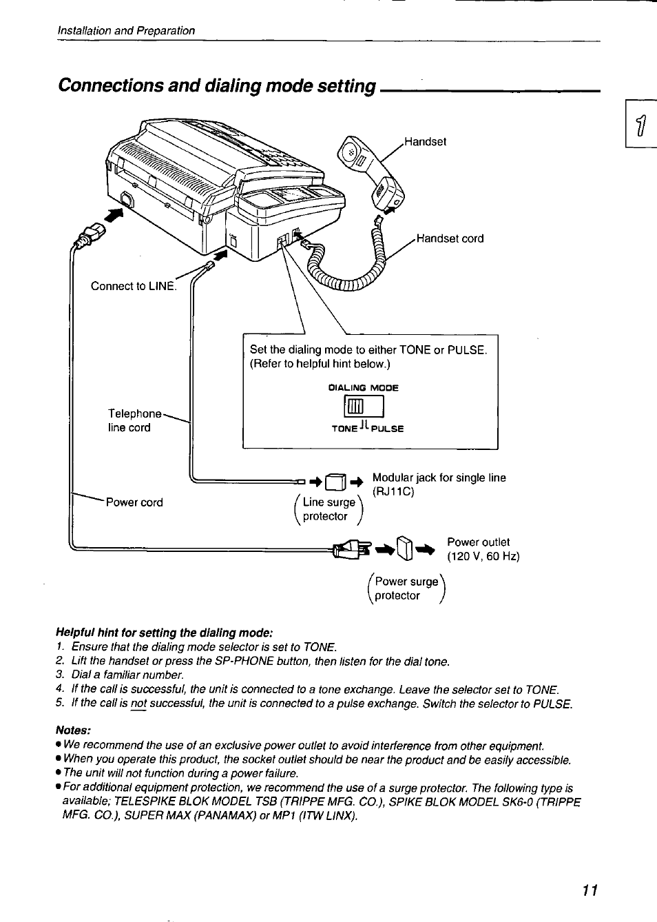 Connections and dialing mode setting | Panasonic KX-F750 User Manual | Page 11 / 84