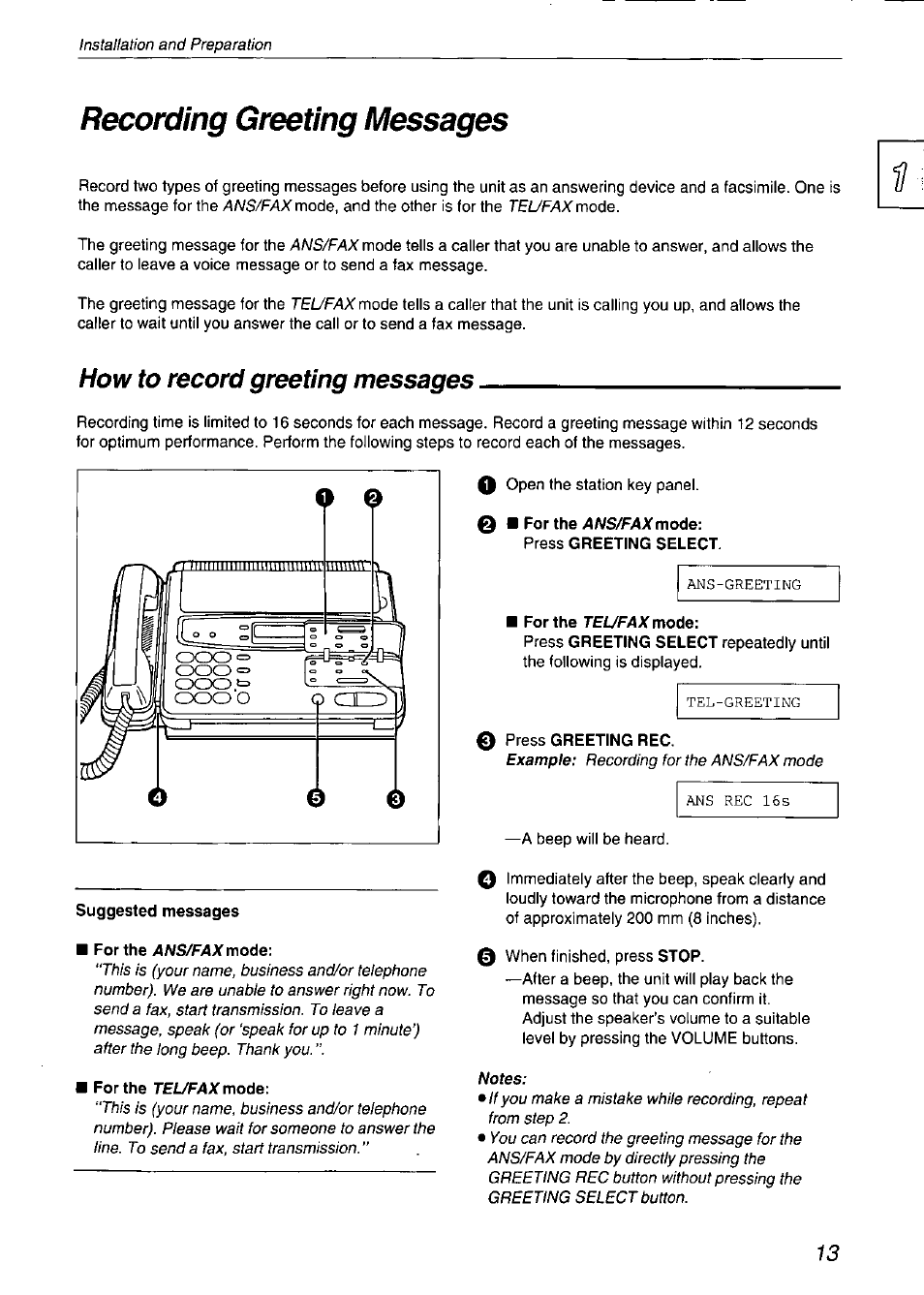 Recording greeting messages, How to record greeting messages, Suggested messages | For the ans/fax mode, For the tel/fax mode, In the ans/fax mode, In the tel/fax mode, Hhow to record greeting messages | Panasonic KX-F750 User Manual | Page 13 / 84