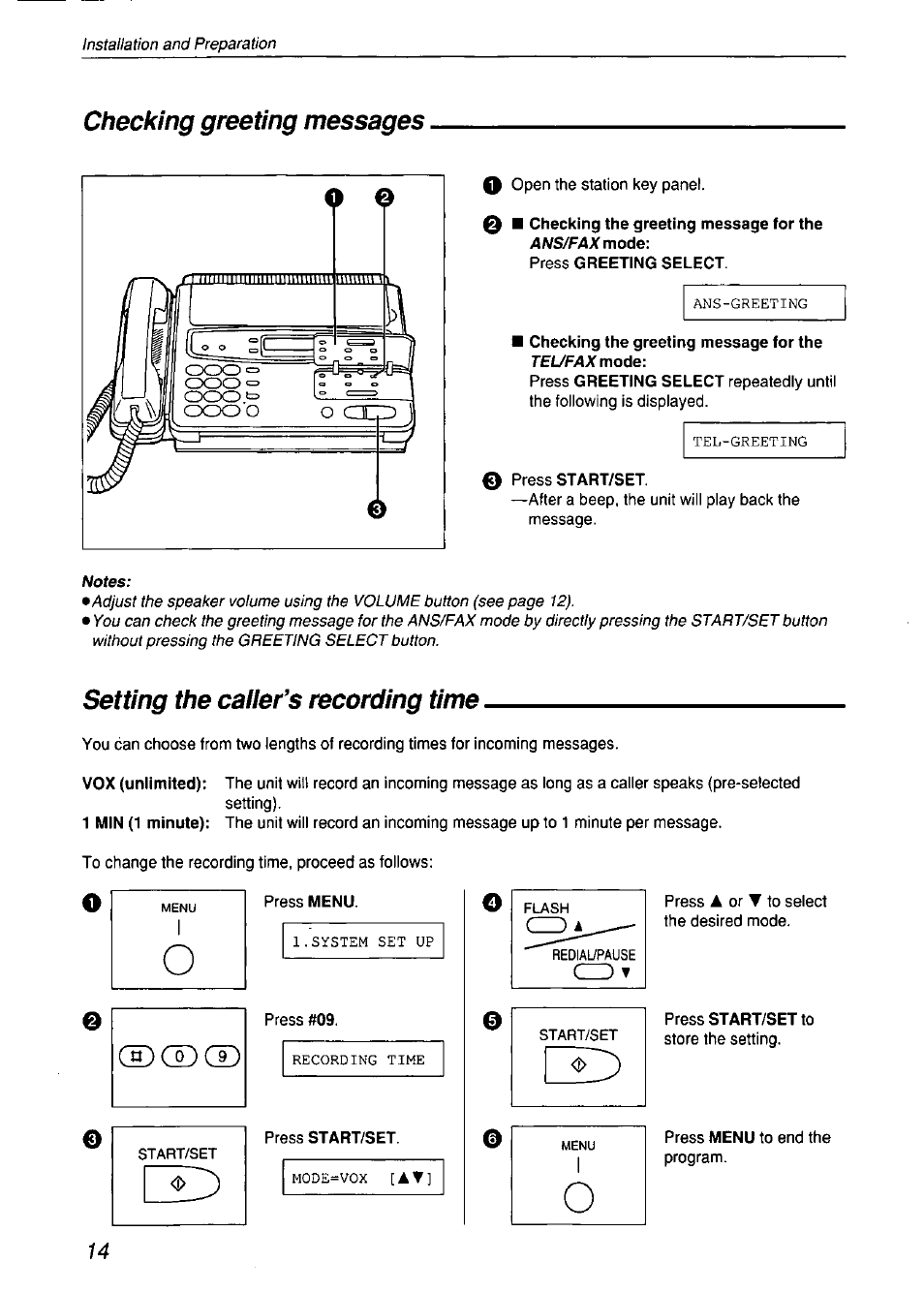 Checking greeting messages, Setting the caller’s recording time | Panasonic KX-F750 User Manual | Page 14 / 84