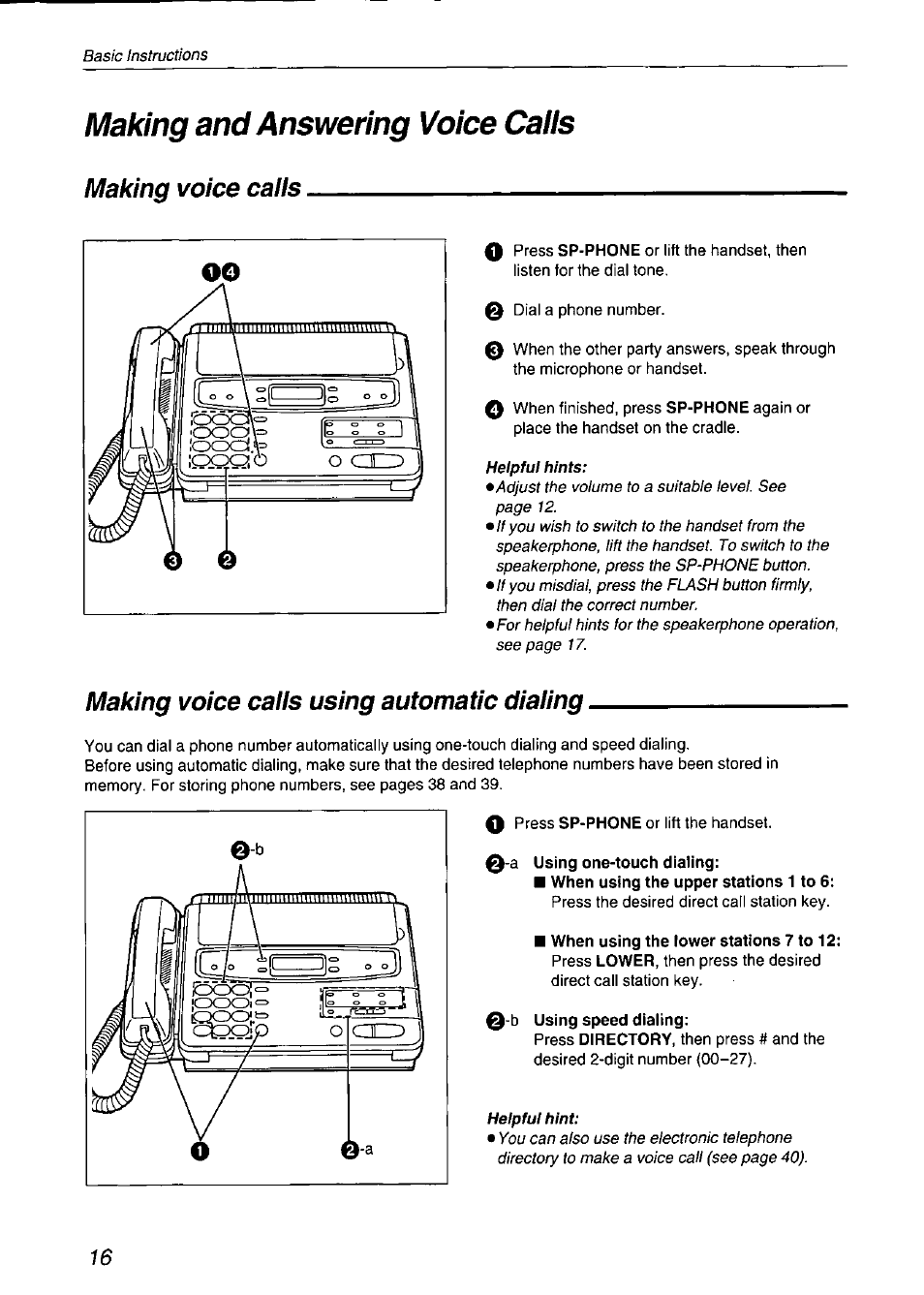 Making and answering voice caiis, Making voice caiis, Making voice caiis using automatic diaiing | A using one-touch dialing, B using speed dialing, Making and answering voice calls, Making voice calls | Panasonic KX-F750 User Manual | Page 16 / 84