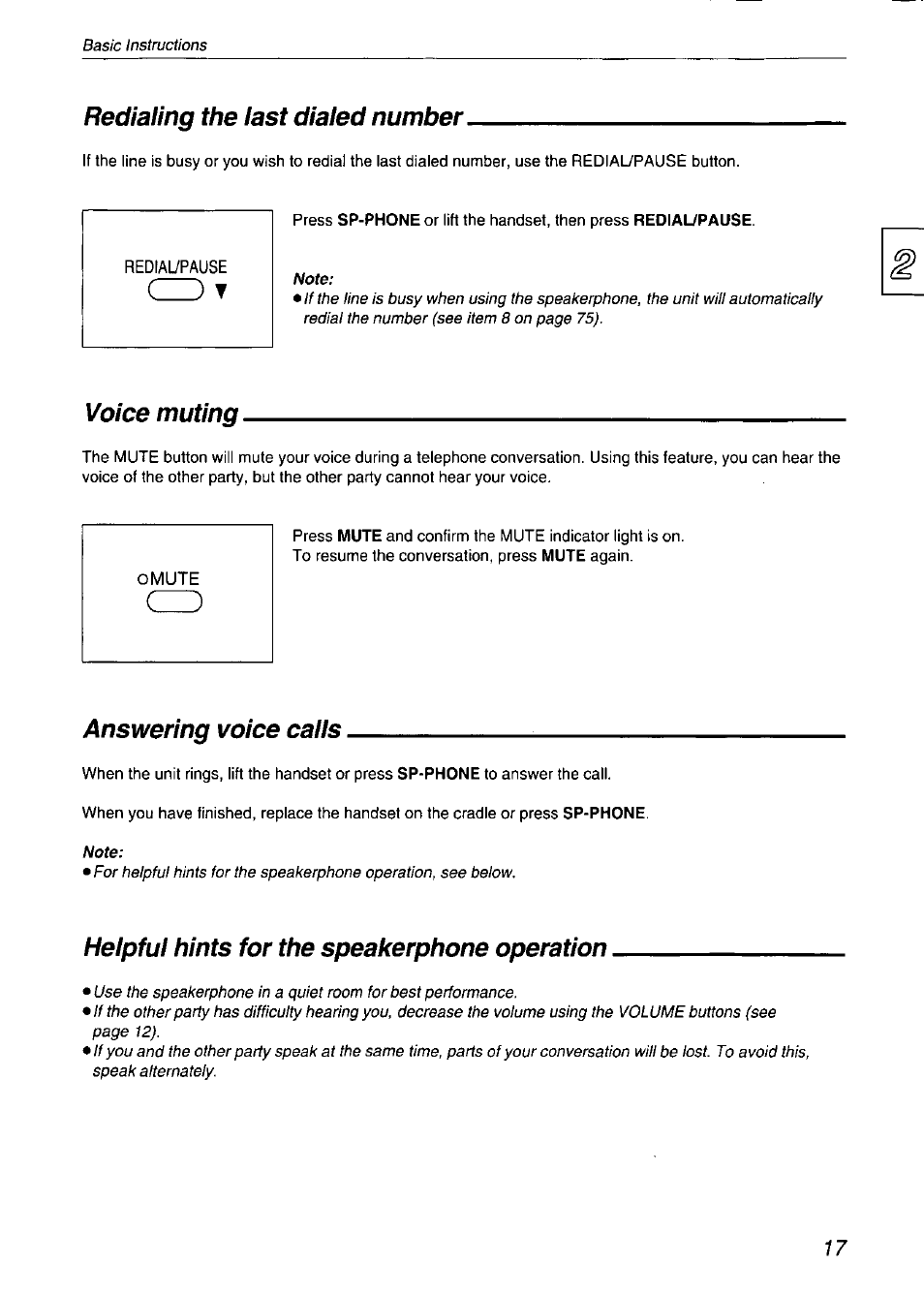 Redialing the last dialed number, Voice muting, Answering voice calls | Helpful hints for the speakerphone operation, Voice muting answering voice calls, Helpful hints for the speakerphone, Operation | Panasonic KX-F750 User Manual | Page 17 / 84