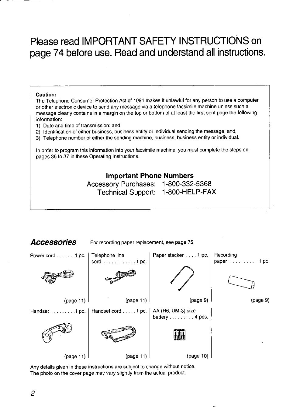 Caution, Accessories | Panasonic KX-F750 User Manual | Page 2 / 84