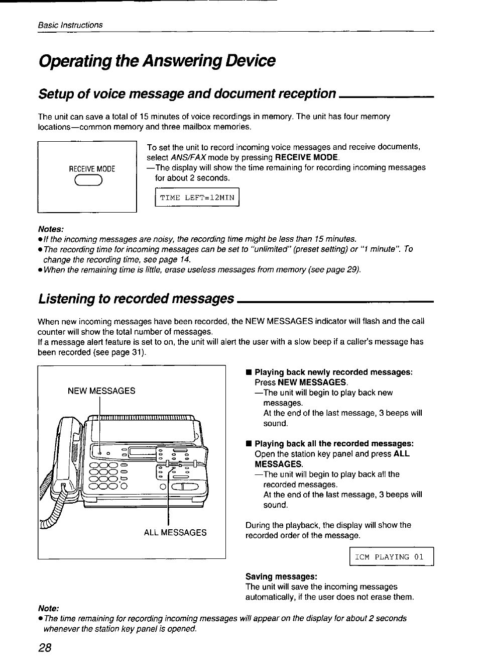 Operating the answering device, Setup of voice message and document reception, Listening to recorded messages | Playing back all the recorded messages, Saving messages | Panasonic KX-F750 User Manual | Page 28 / 84