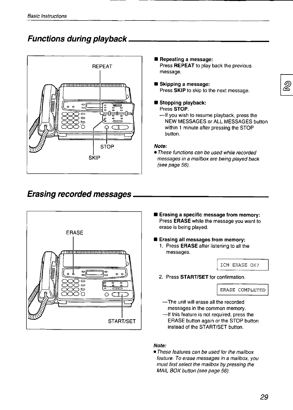 Functions during playback, Repeating a message, Skipping a message | Stopping playback, Erasing recorded messages, Erasing ali messages from memory, Wofe | Panasonic KX-F750 User Manual | Page 29 / 84