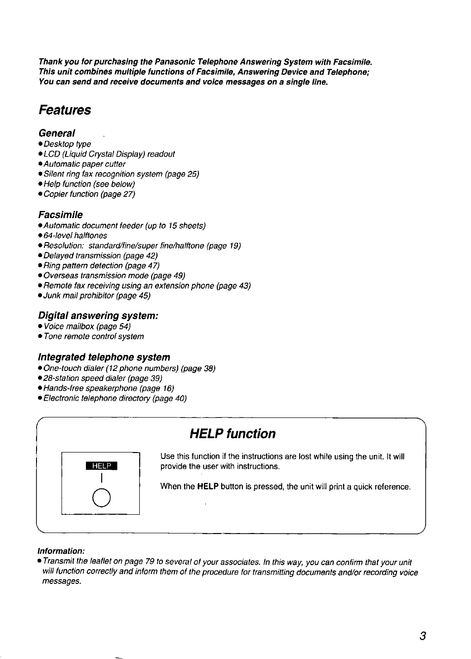 Features, Help function | Panasonic KX-F750 User Manual | Page 3 / 84