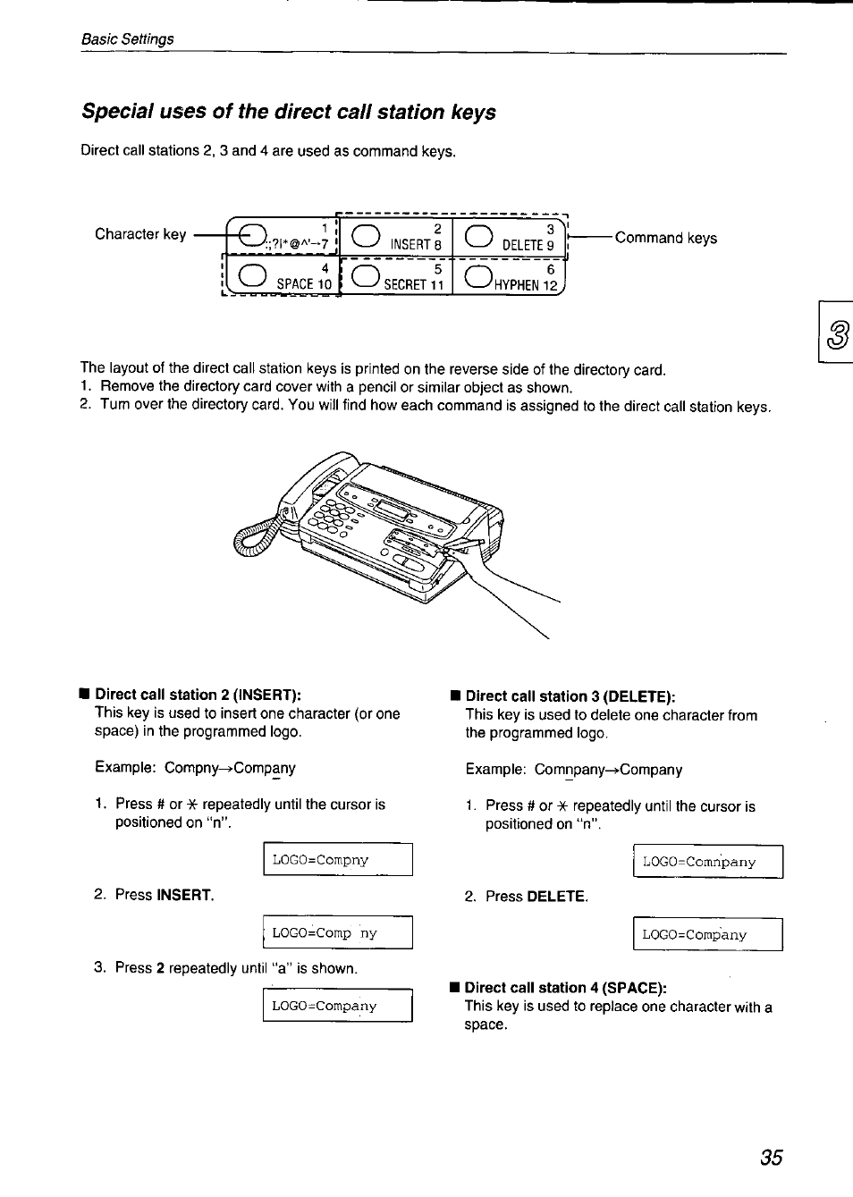 Direct call station 2 (insert), Direct call station 3 (delete), Direct call station 4 (space) | Panasonic KX-F750 User Manual | Page 35 / 84