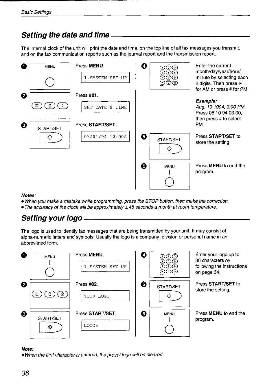 Setting the date and time, Setting your iogo, Setting the date and time setting your logo | Сюсюш, Юсюсю | Panasonic KX-F750 User Manual | Page 36 / 84