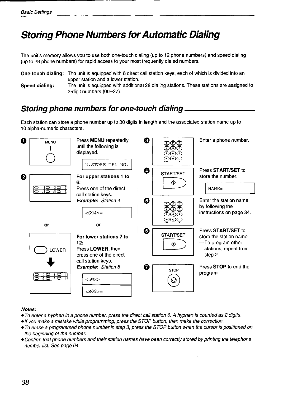 Storing phone numbers for automatic dialing, Storing phone numbers for one-touch dialing, For lower stations 7 to 12 | Storing phone numbers for automatic, Dialing | Panasonic KX-F750 User Manual | Page 38 / 84