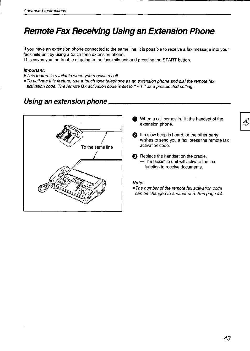 Remote fax receiving using an extension phone, Using an extension phone, Remote fax receiving using an extension | Phone | Panasonic KX-F750 User Manual | Page 43 / 84