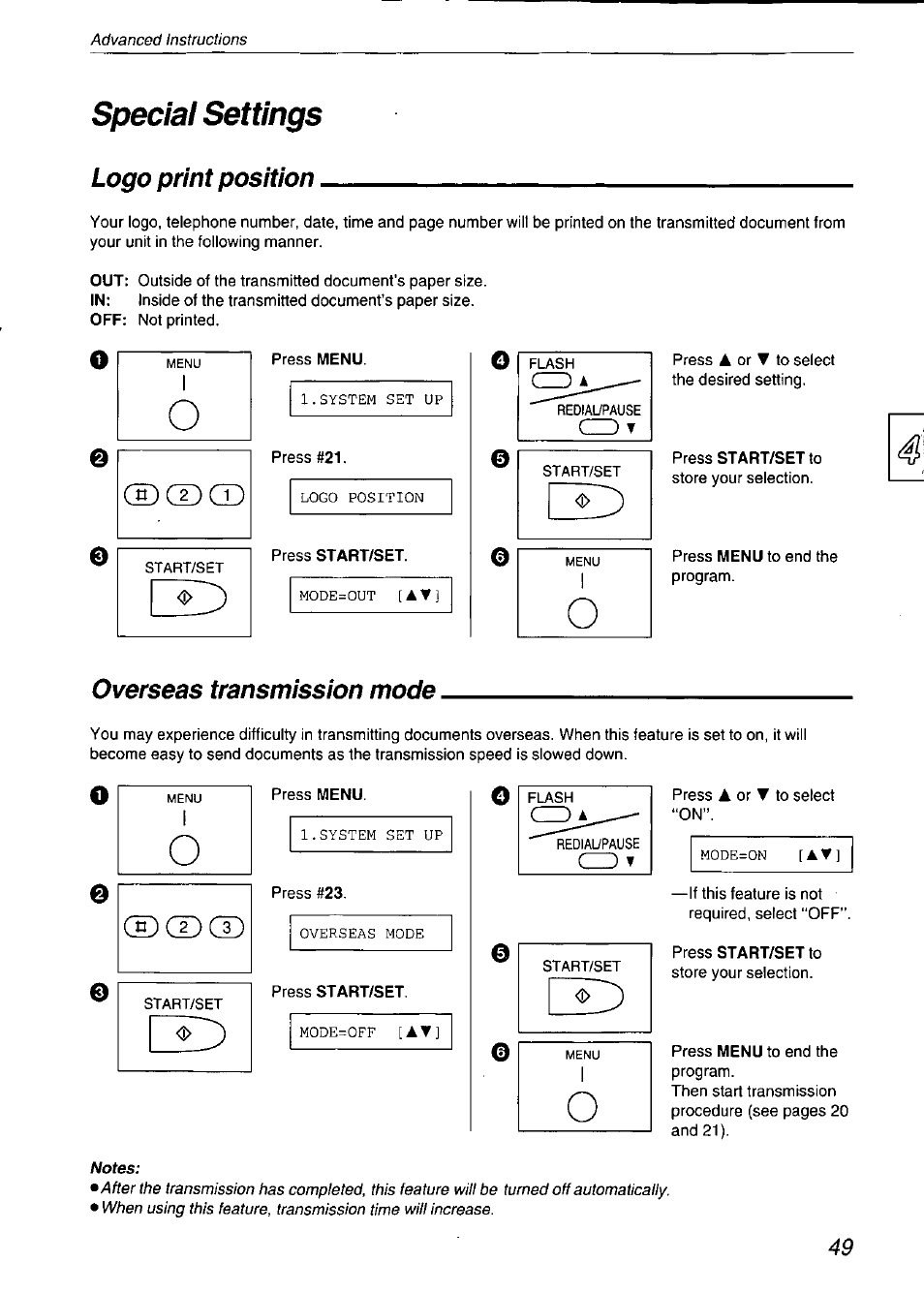 Special settings, Logo print position, Overseas transmission mode | Cdcd | Panasonic KX-F750 User Manual | Page 49 / 84