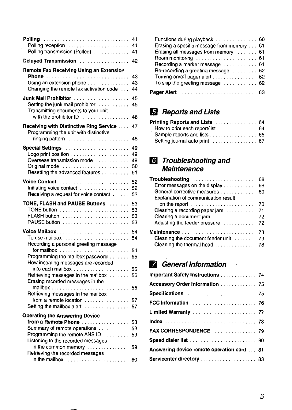 Reports and lists, Troubleshooting and maintenance, General information | Panasonic KX-F750 User Manual | Page 5 / 84