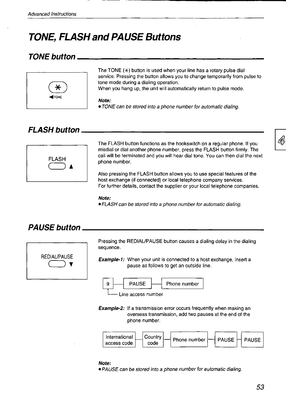 Tone, flash and pause buttons, Tone button, Flash button | Wofe, Pause button, Flash button pause button | Panasonic KX-F750 User Manual | Page 53 / 84