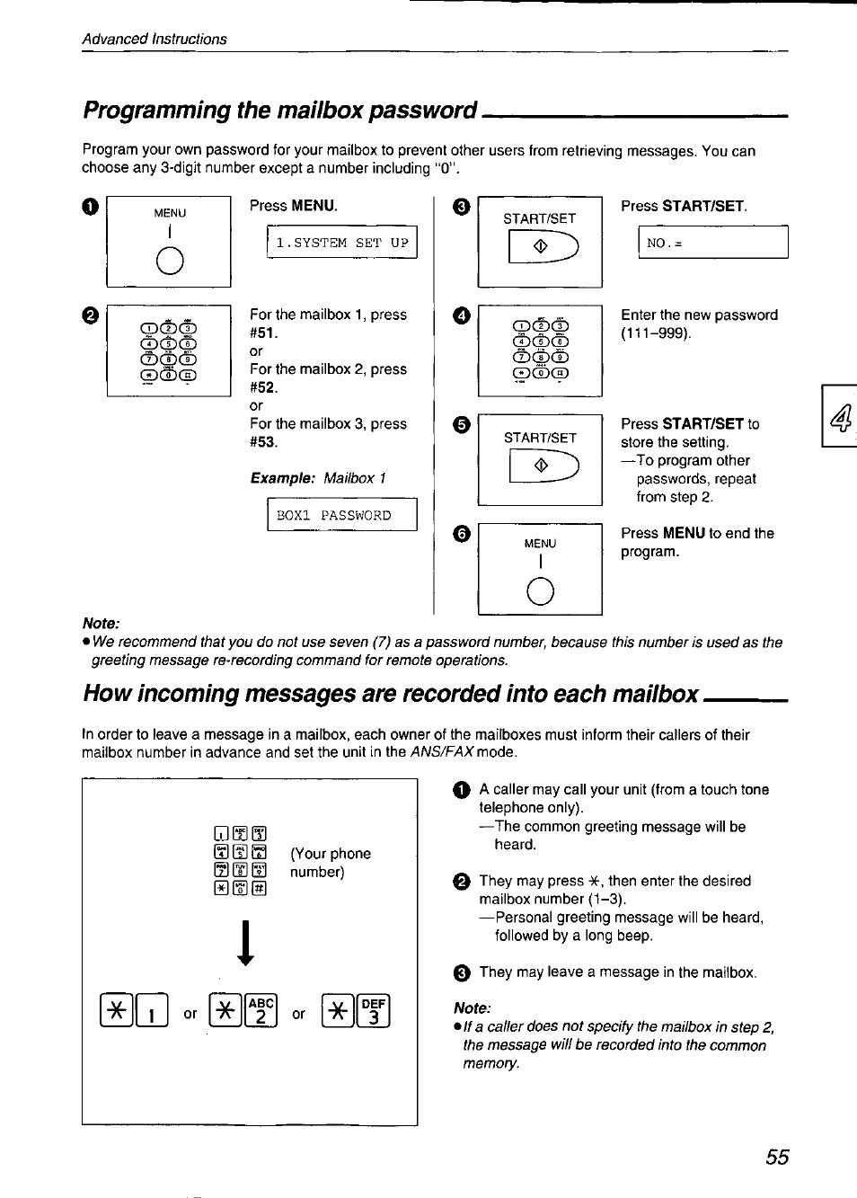 Programming the mailbox password | Panasonic KX-F750 User Manual | Page 55 / 84