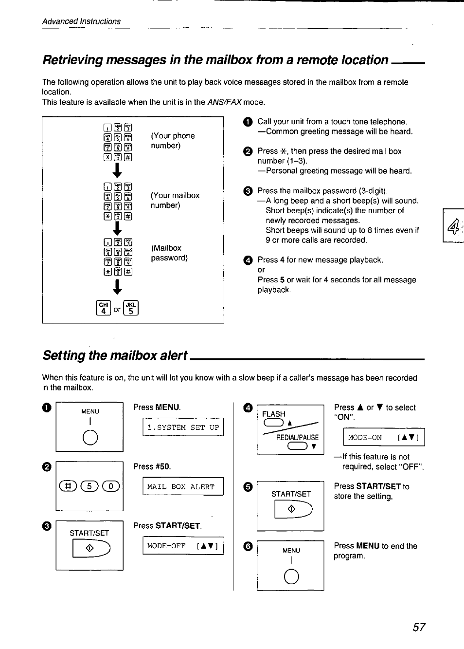 Setting the maiibox aiert, Setting the mailbox alert, 4setting the maiibox aiert | Panasonic KX-F750 User Manual | Page 57 / 84