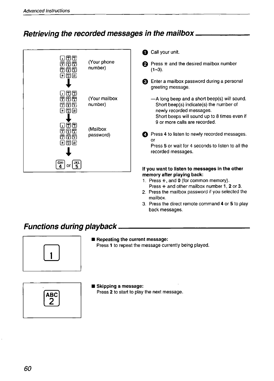 Retrieving the recorded messages in the maiibox, Functions during playback, Repeating the current message | Skipping a message, Retrieving the recorded messages, In the mailbox | Panasonic KX-F750 User Manual | Page 60 / 84