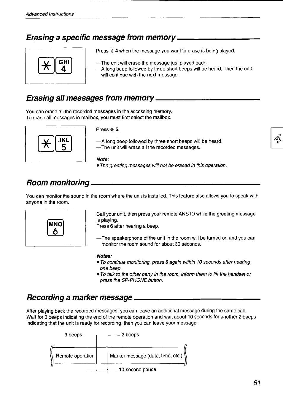 Erasing a specific message from memory, Erasing aii messages from memory, Room monitoring | Recording a marker message, Erasing all messages from memory room monitoring | Panasonic KX-F750 User Manual | Page 61 / 84