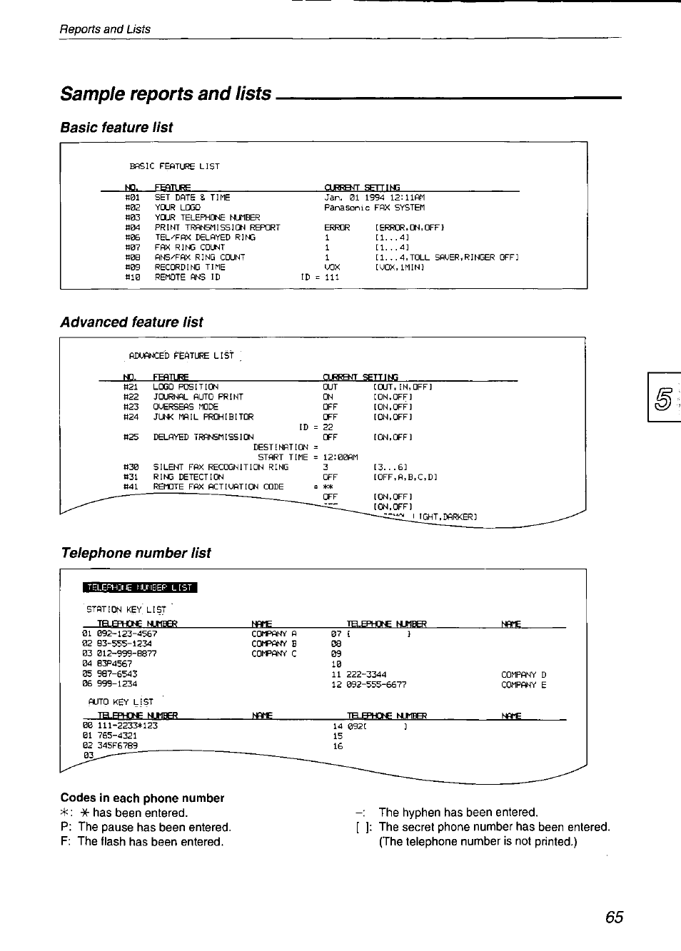 Sample reports and lists, Basic feature list, Advanced feature list | Telephone number list, Reports and lists | Panasonic KX-F750 User Manual | Page 65 / 84