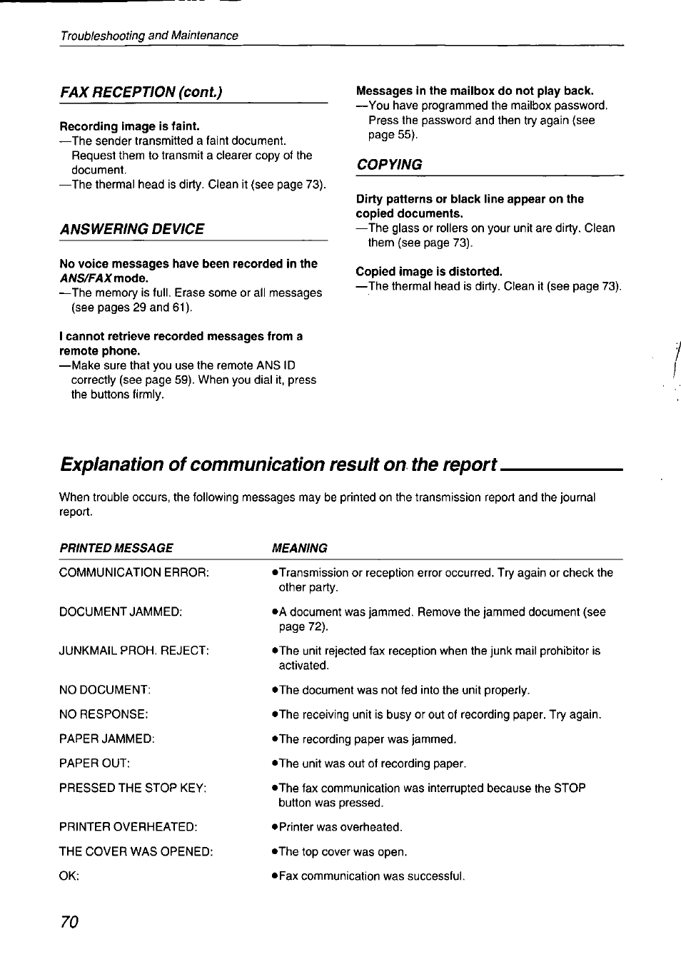 Explanation of communication result on the report | Panasonic KX-F750 User Manual | Page 70 / 84
