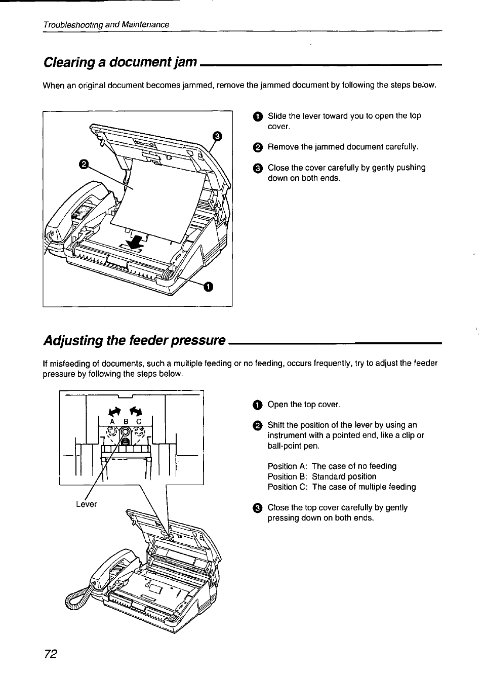 Clearing a document jam, Adjusting the feeder pressure | Panasonic KX-F750 User Manual | Page 72 / 84