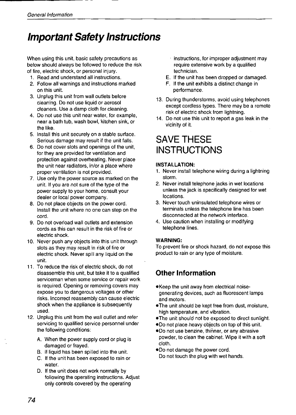 Important safety instructions, Installation, Warning | Save these instructions, Other information | Panasonic KX-F750 User Manual | Page 74 / 84