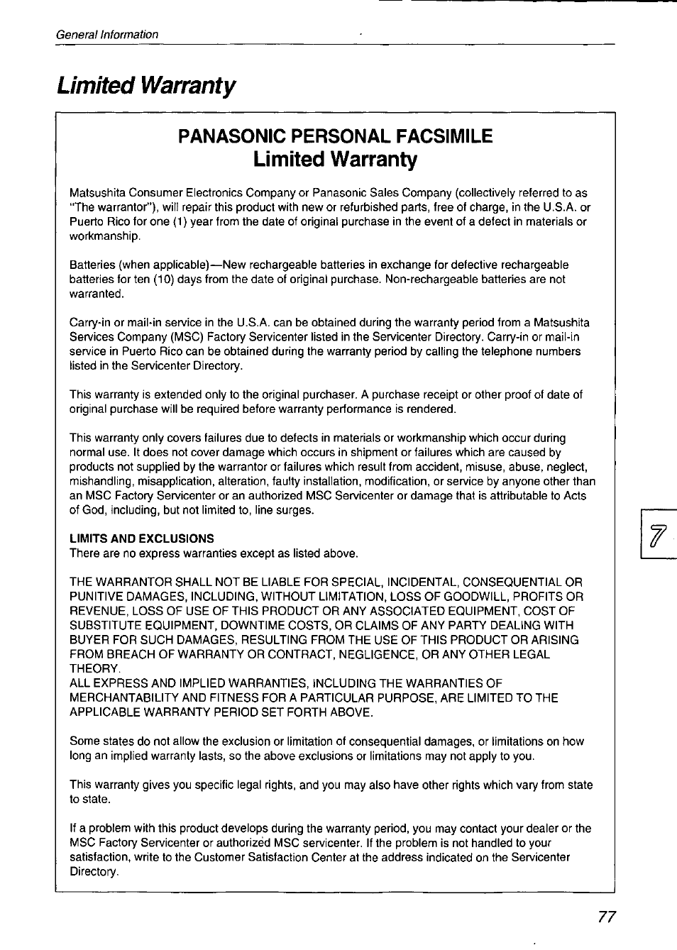 Limited warranty, Limits and exclusions, Panasonic personal facsimile | Panasonic KX-F750 User Manual | Page 77 / 84