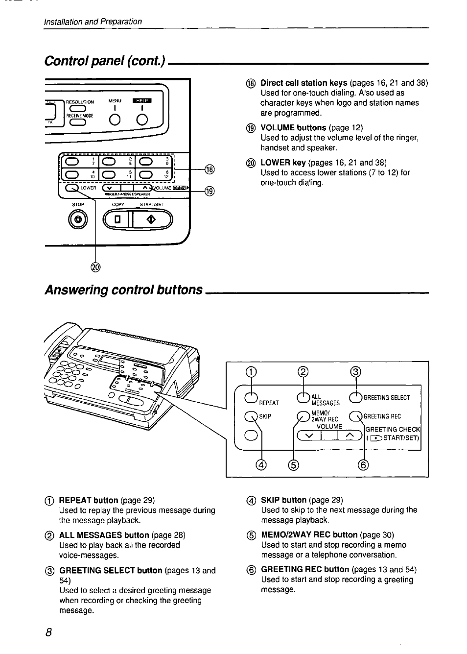 Control panel (cont.), Answering control buttons, Ii о | Panasonic KX-F750 User Manual | Page 8 / 84