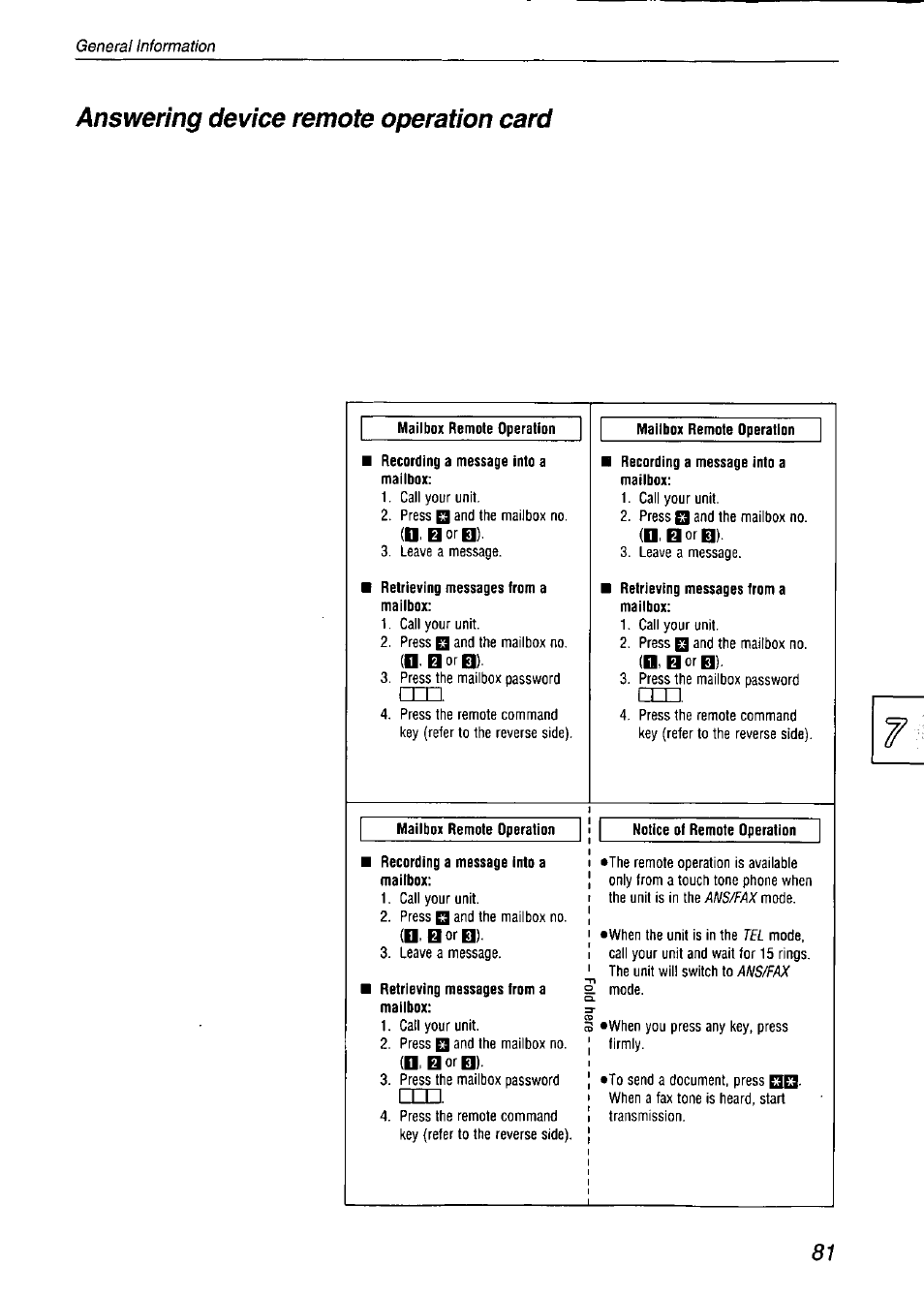 Answering device remote operation card | Panasonic KX-F750 User Manual | Page 81 / 84