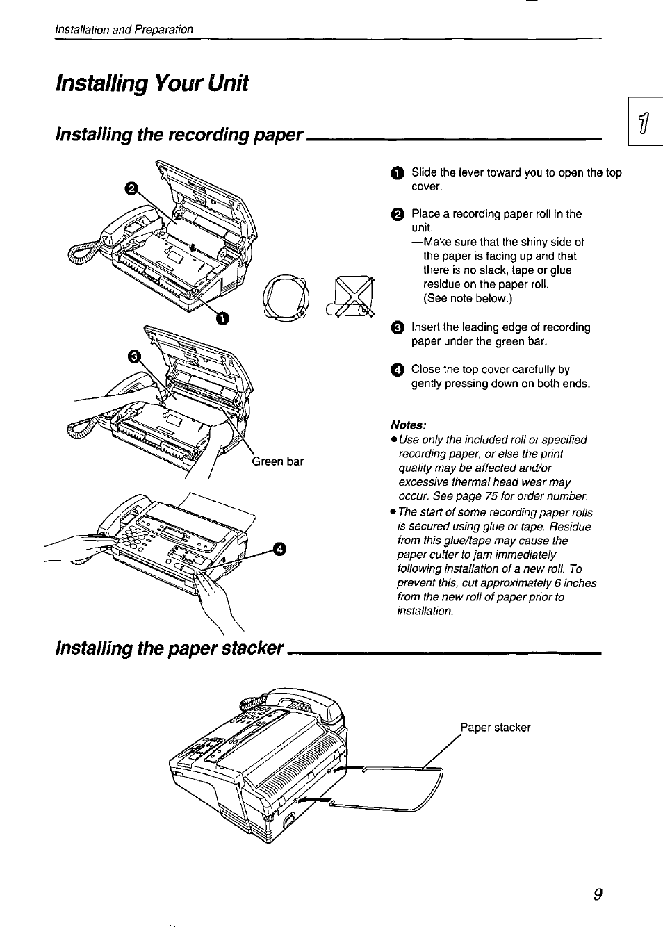 Installing your unit, Installing the recording paper, Installing the paper stacker | Panasonic KX-F750 User Manual | Page 9 / 84