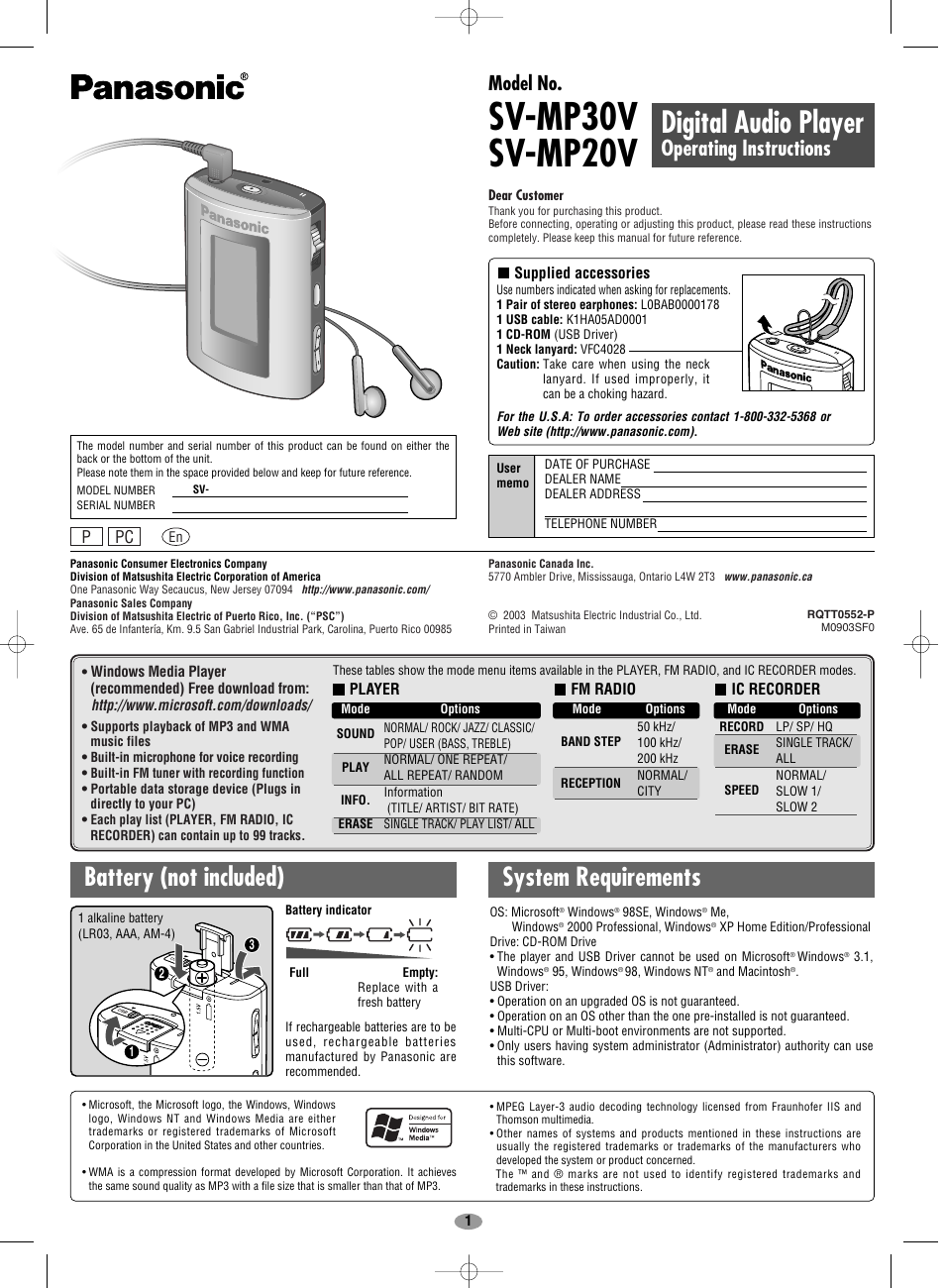 Panasonic SV-MP30V User Manual | 6 pages