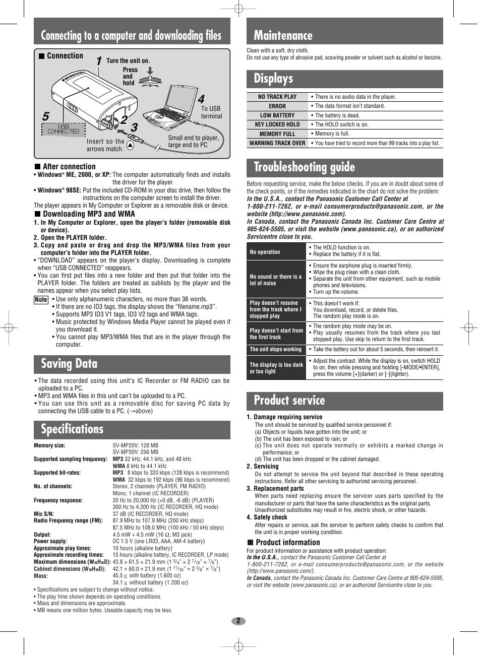 Saving data, Maintenance displays, Specifications | Panasonic SV-MP30V User Manual | Page 2 / 6