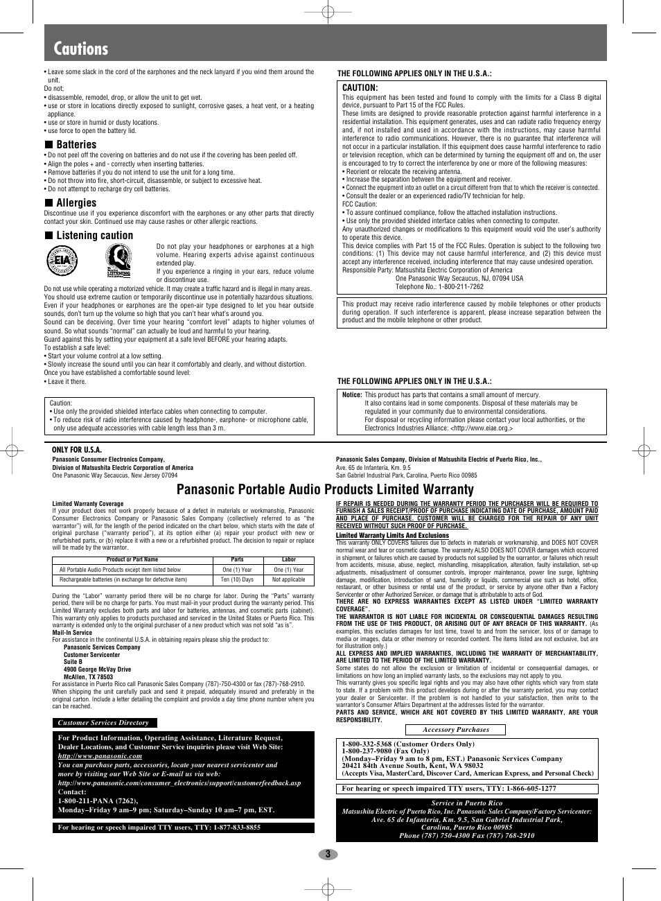 Cautions, Panasonic portable audio products limited warranty, Batteries | Allergies, Listening caution | Panasonic SV-MP30V User Manual | Page 3 / 6